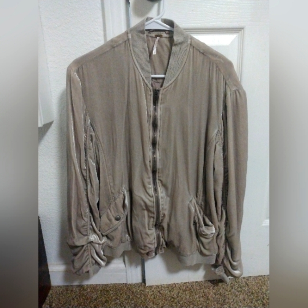 Free People taupe Ruched Velvet Zip Front Bomber Jacket